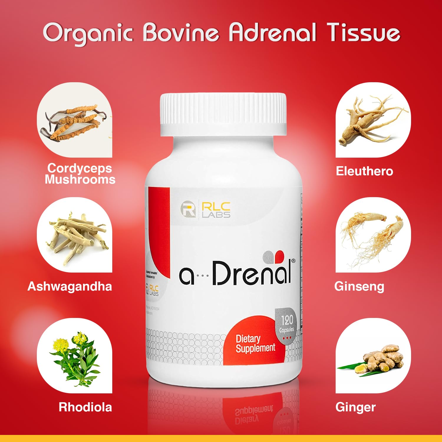 RLC Labs a-Drenal capsules close-up highlighting natural adaptogens for balance