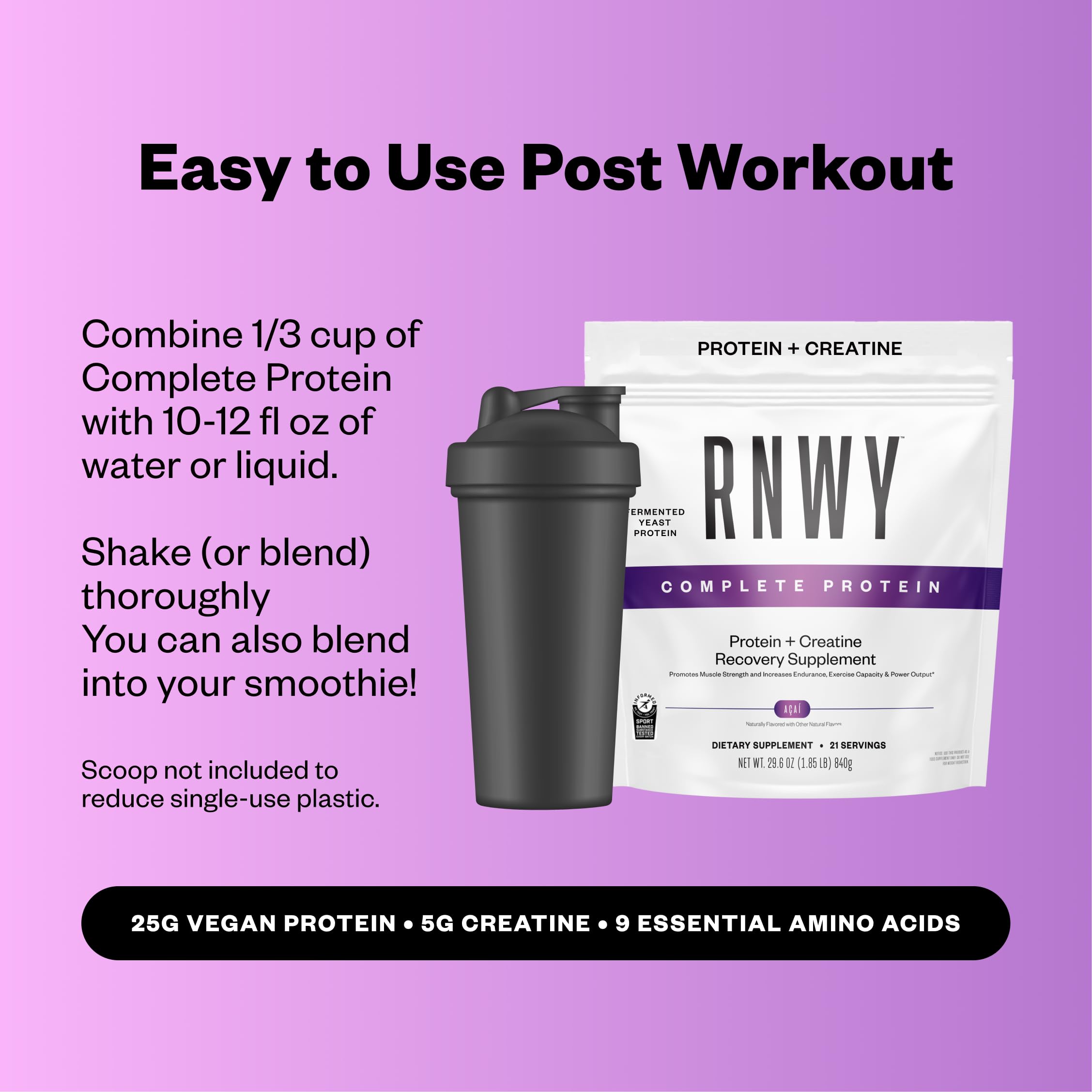 RNWY Acai Protein certifications badge signals third-party testing.