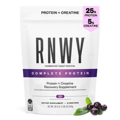 RNWY Acai Protein powder bottle with vegan formula and easy mixing.