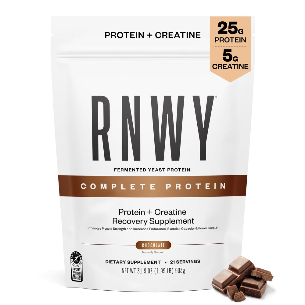 RNWY chocolate protein creatine powder tub for vegan workouts.