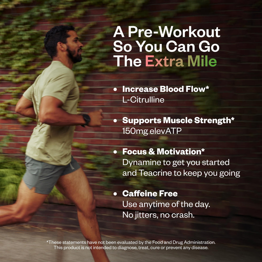 RNWY Extra Mile ingredients close-up highlights L-Citrulline Malate and Dynamine.