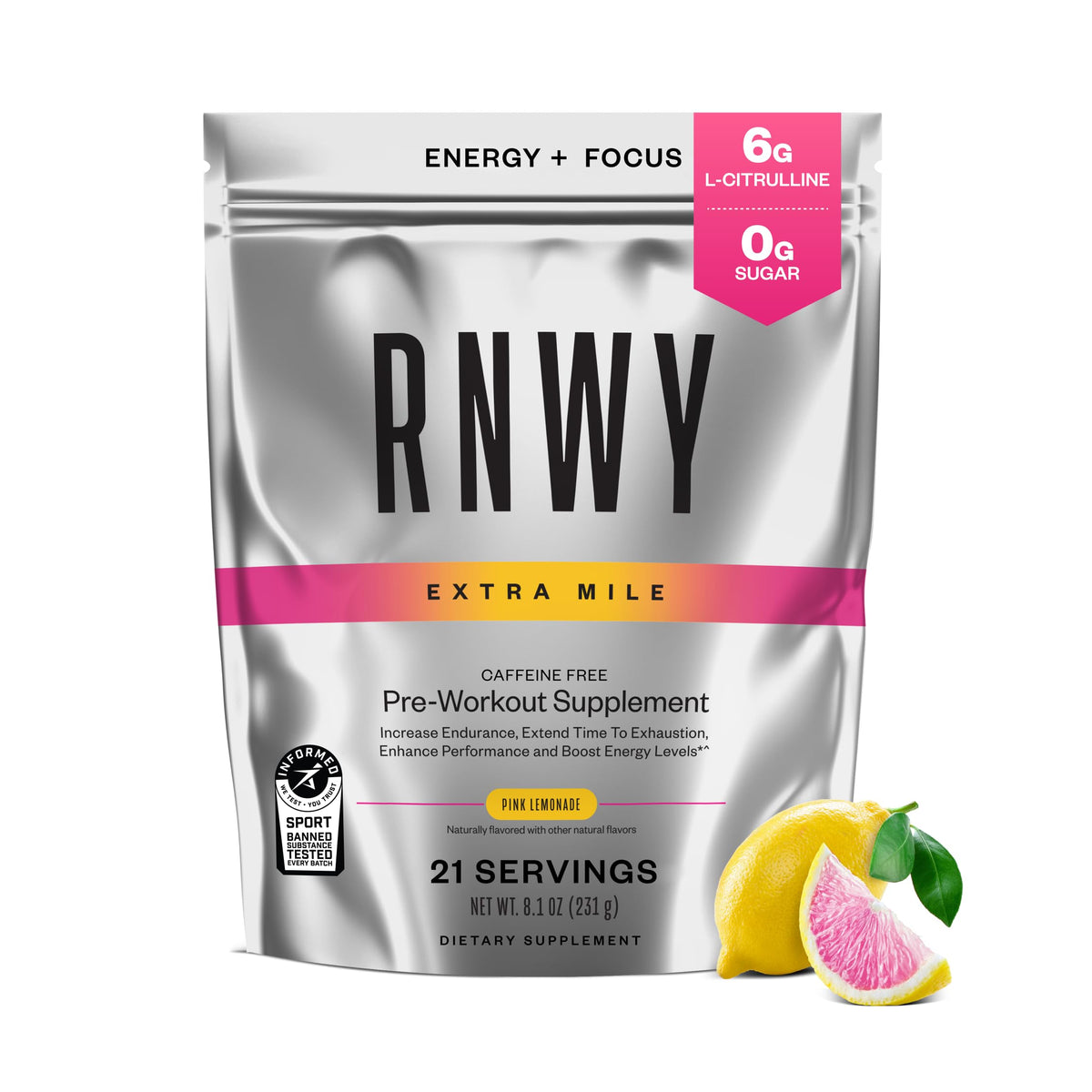 RNWY Extra Mile pink lemonade bottle showing caffeine-free energy for workouts