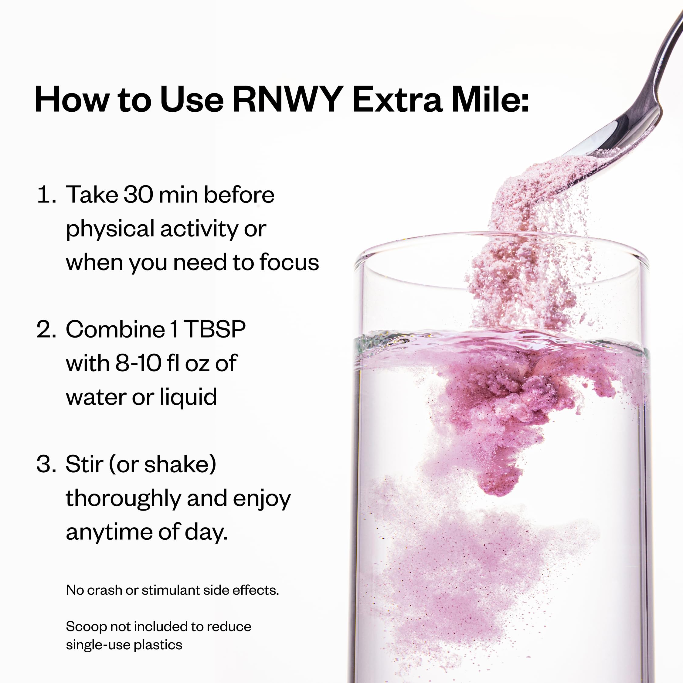 RNWY Extra Mile shaker with powder suggests convenient on-the-go use.