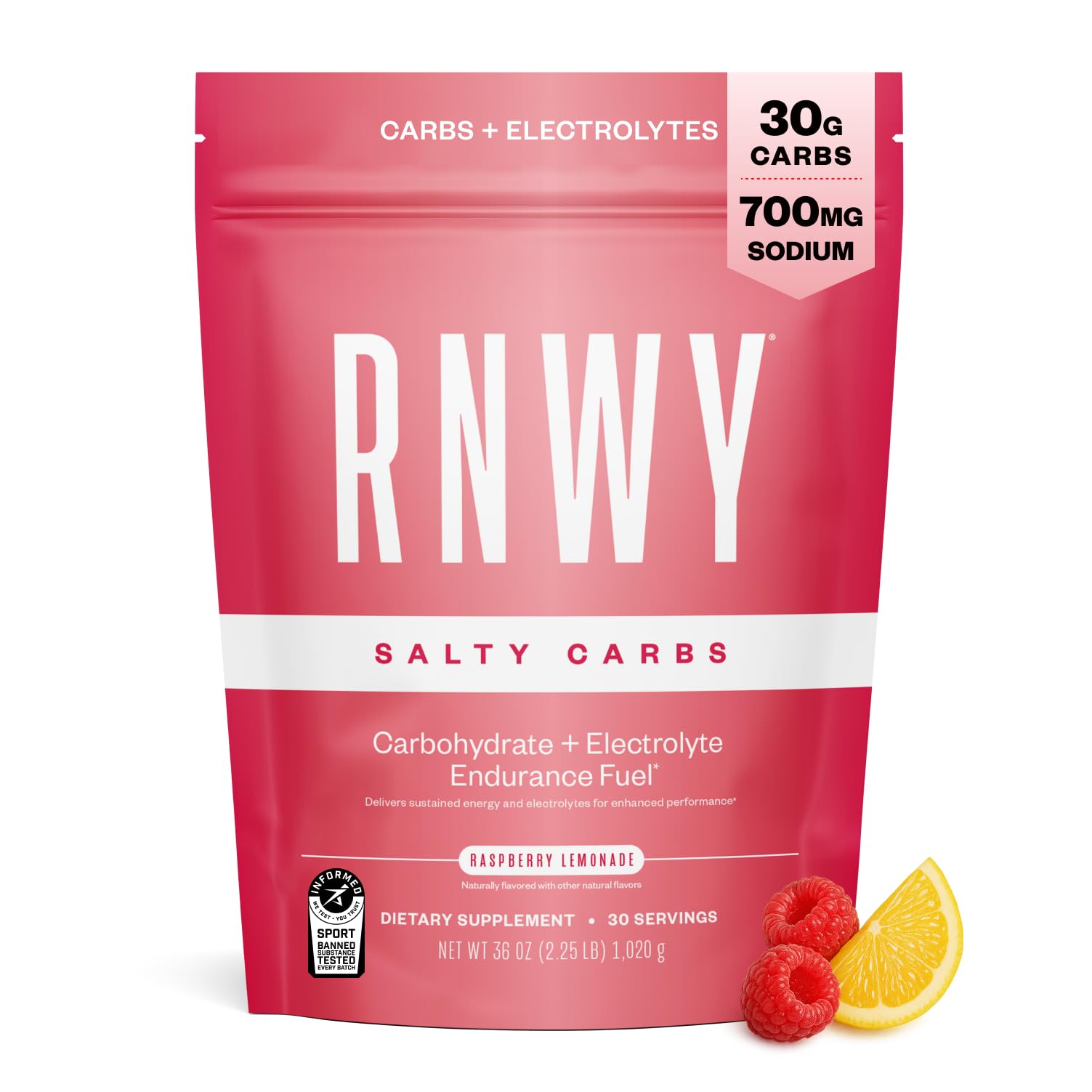 RNWY Salty Carbs bottle pouring raspberry lemonade for steady energy on the go
