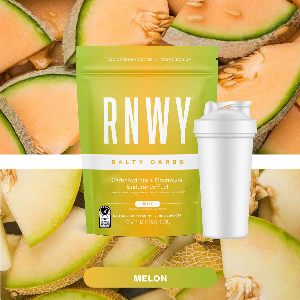 RNWY Salty Carbs Melon bottle beside gear for pre-ride fueling.