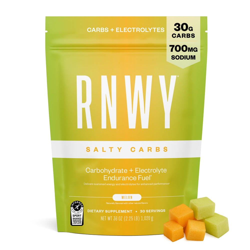 RNWY Salty Carbs Melon tub open for endurance fueling.