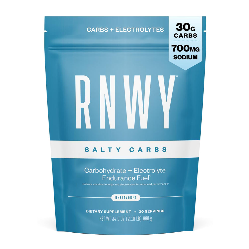 RNWY Salty Carbs powder close-up for steady energy during long runs.