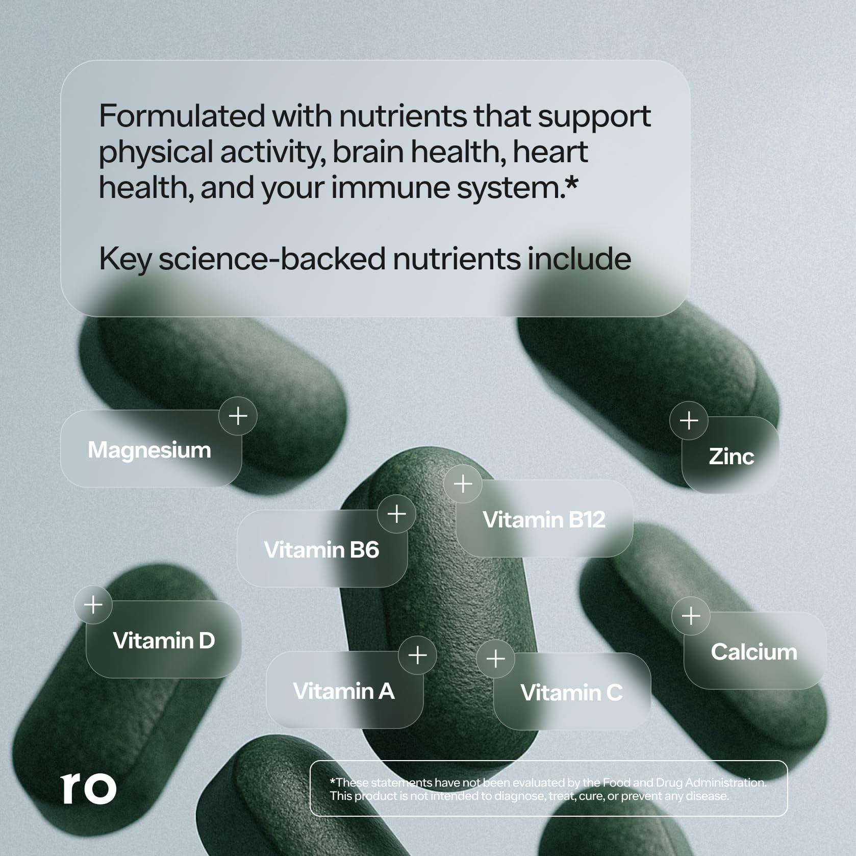 Ro Daily Multivitamin for Men ingredients highlight 23 nutrients including calcium, magnesium, and zinc.