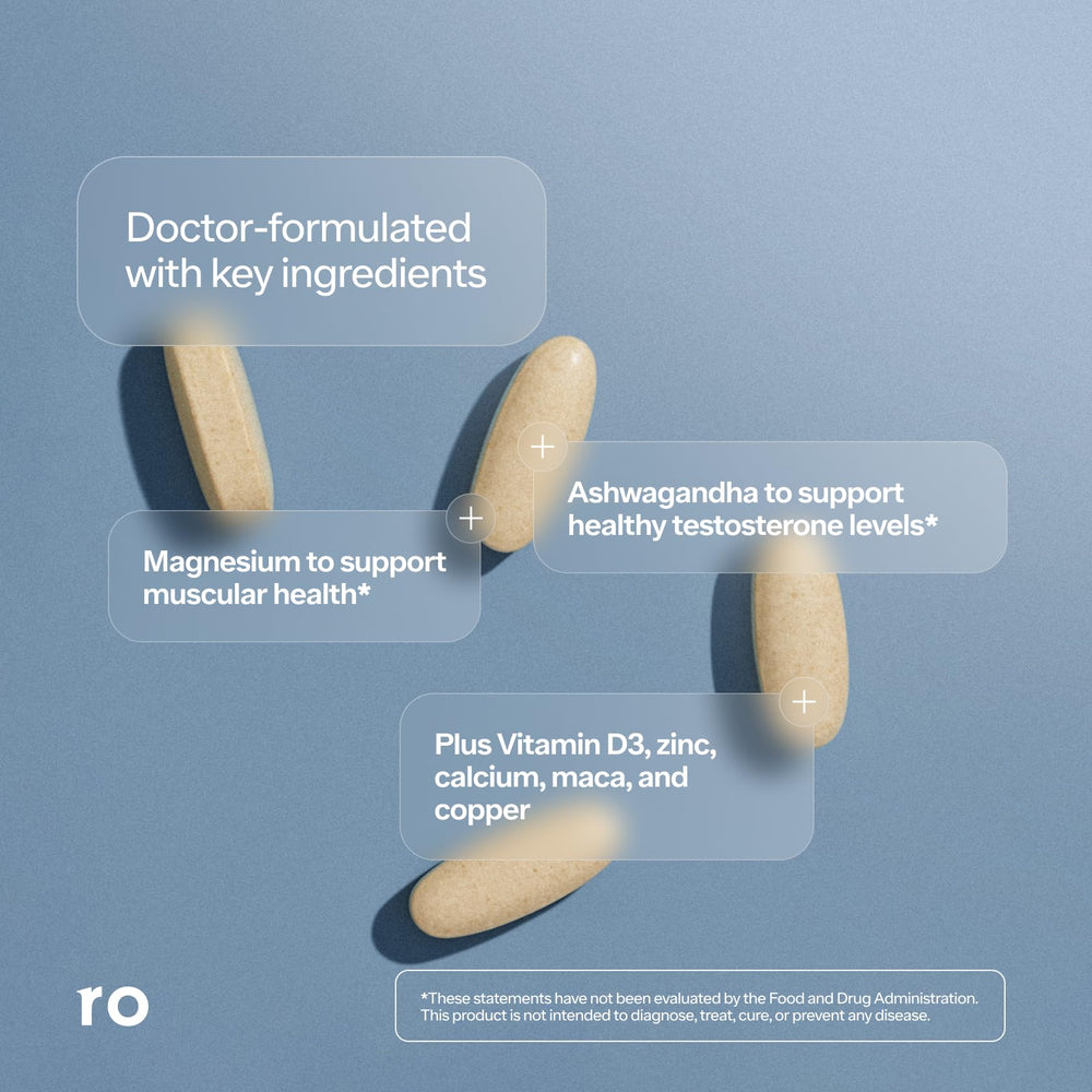 Ro Testosterone Support bottle on desk in a balanced routine