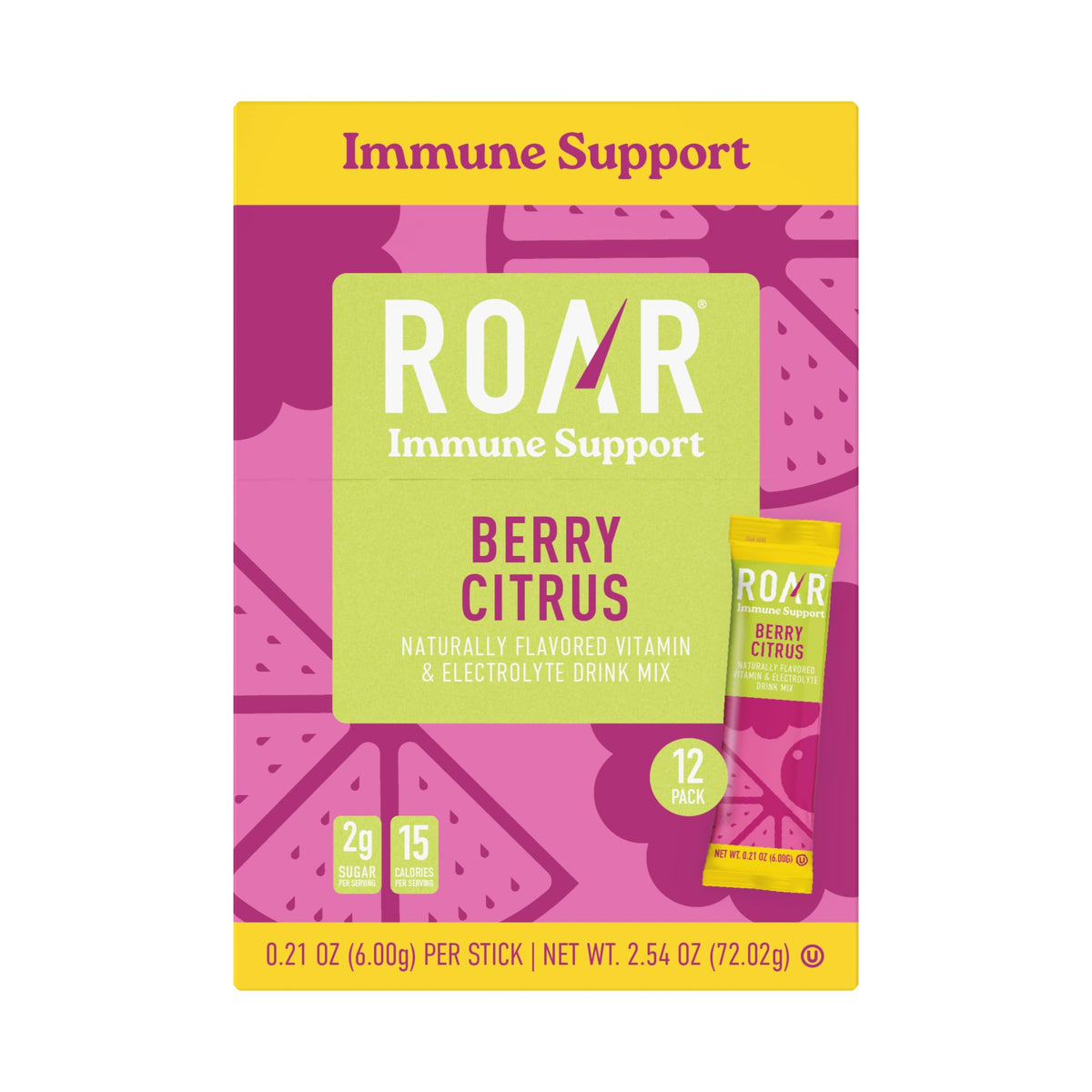 ROAR Immune Support Powder bottle – berry citrus, hydration with electrolytes and vitamin C.