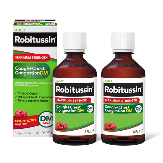 Robitussin adult maximum-strength cough chest congestion DM bottle offers fast relief
