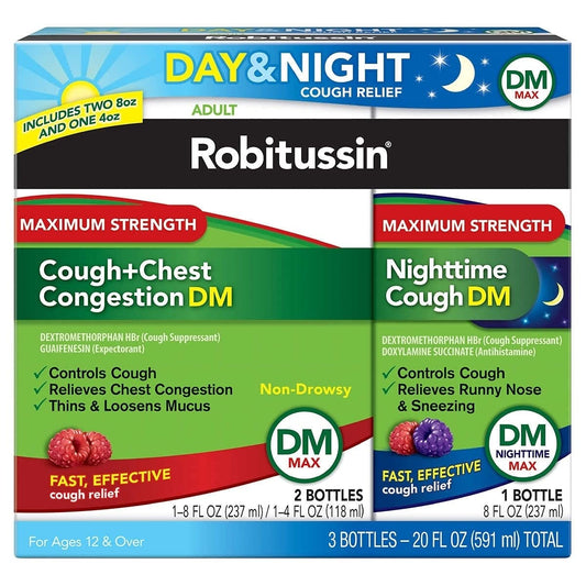 Robitussin DM Max bottle labeled day and night for cough relief.