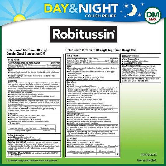 Robitussin DM Max day-night pack prepared for chest congestion relief and restful sleep.
