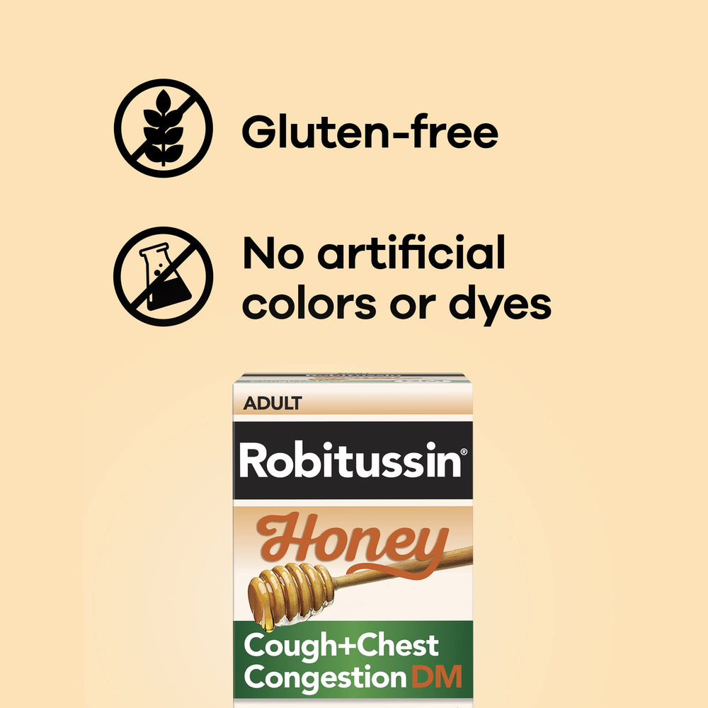 Robitussin Honey DM no artificial colors label highlighted.