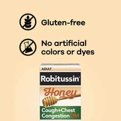 Robitussin Honey DM no artificial colors label highlighted.