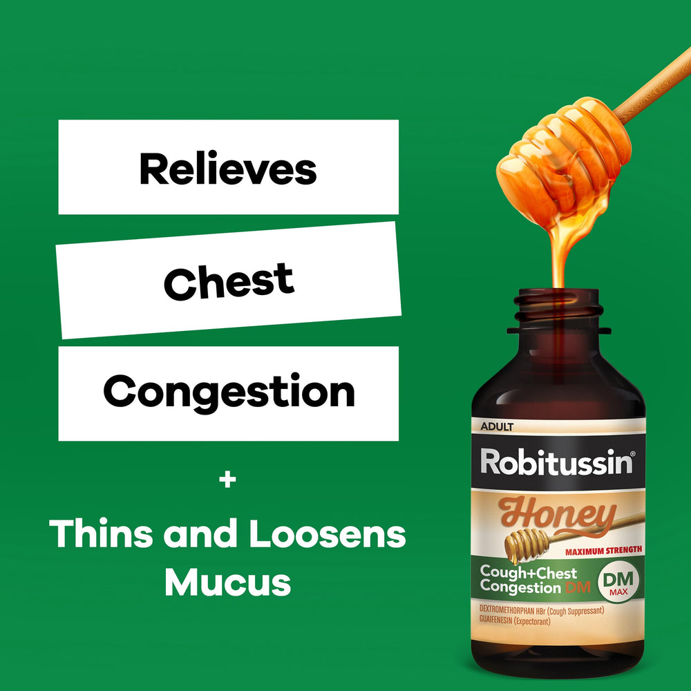 Robitussin Honey DM two-bottles-pack on a kitchen counter.