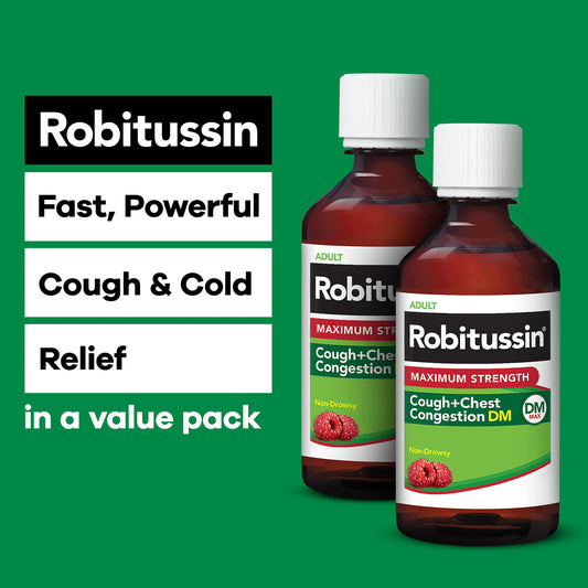 Robitussin raspberry-flavor cough syrup bottle for daytime relief