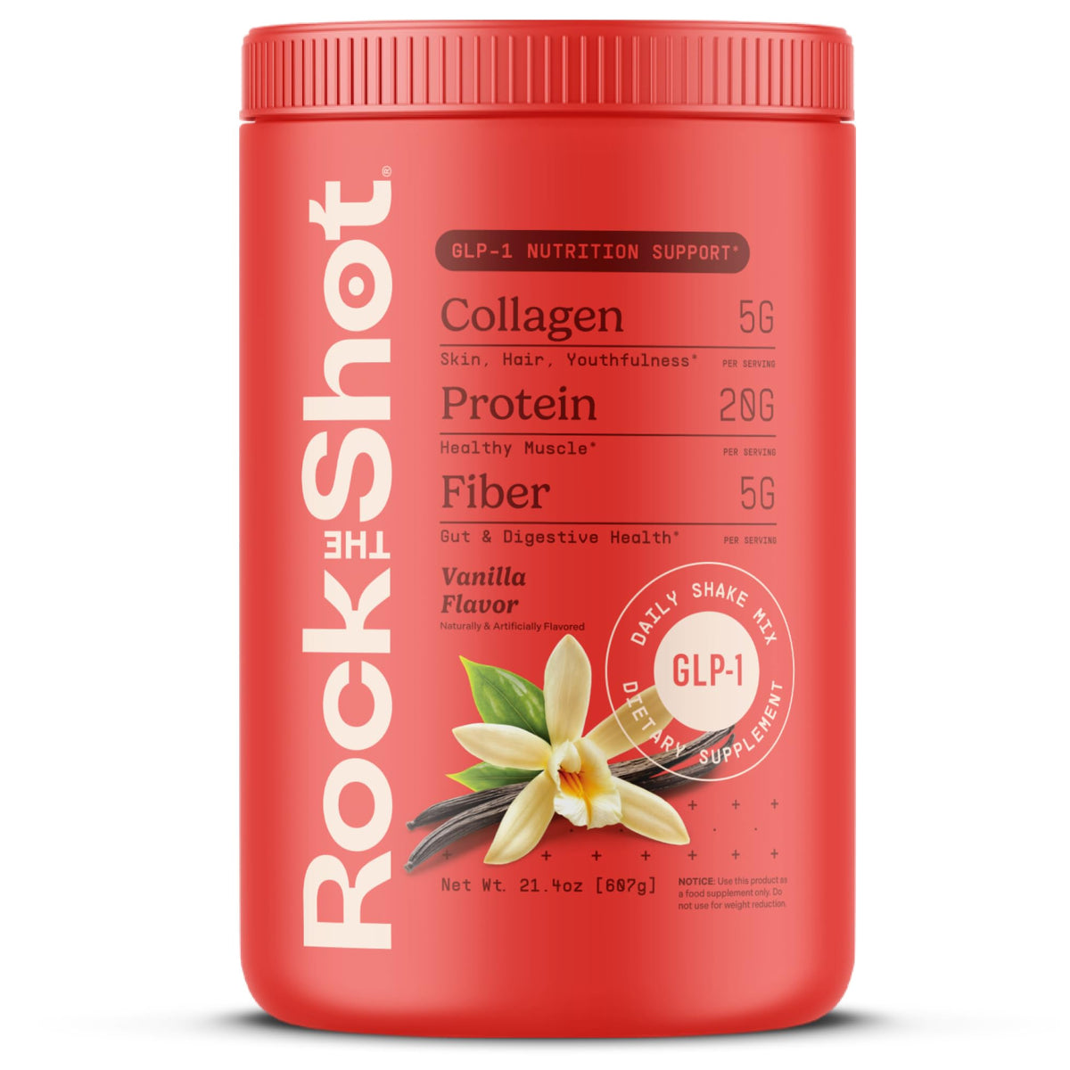 ROCK THE SHOT GLP-1 vanilla shake bottle showing a creamy daily protein source