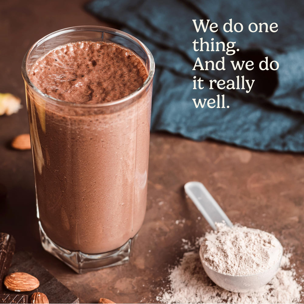 Rock The Shot GLP-1 chocolate ingredients label emphasizes collagen, protein, and minerals for balance
