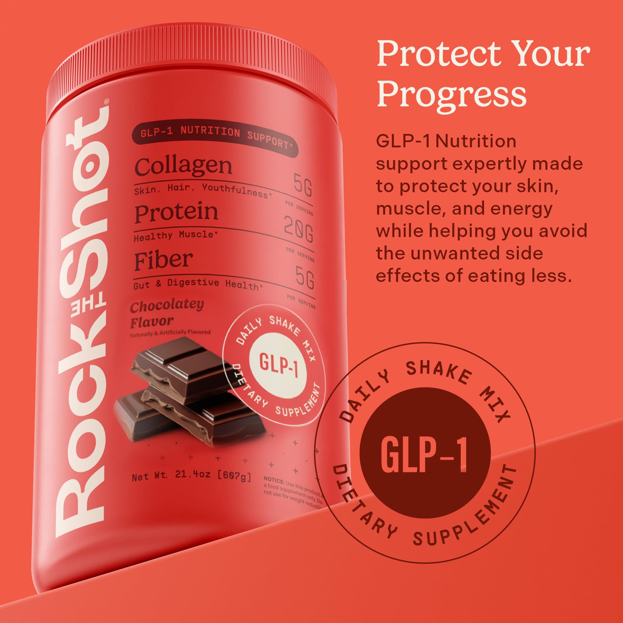 Rock The Shot GLP-1 chocolate shake glass on-the-go daily nutrition that supports energy during weight loss