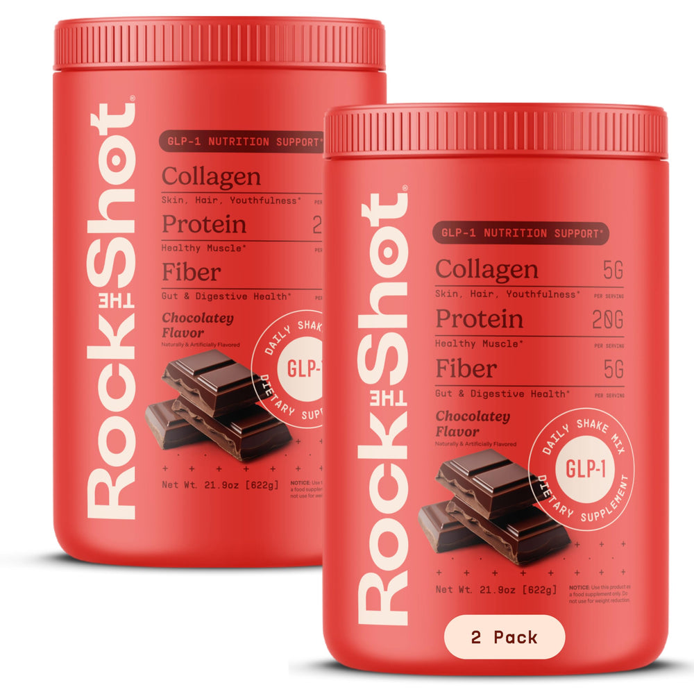 ROCK THE SHOT GLP-1 shake chocolate bottle highlights protein support for GLP-1 users.