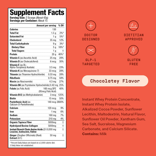 ROCK THE SHOT GLP-1 shake chocolate serving-scoop shows convenient nutrition on the go.