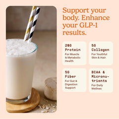 Rock The Shot GLP-1 shake in a glass demonstrates ready-to-drink convenience
