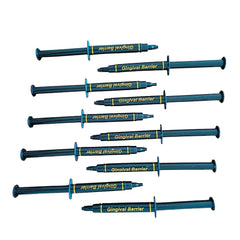 RocketSmile gingival barrier blue gel forms 3-6mm wide barrier under gingiva during whitening.