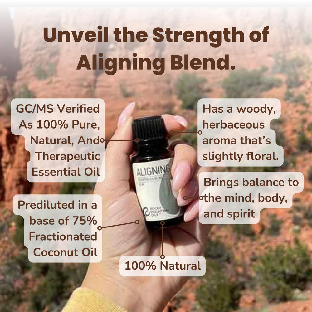 Rocky Mountain Oils Aligning label close-up shows pure essential oils