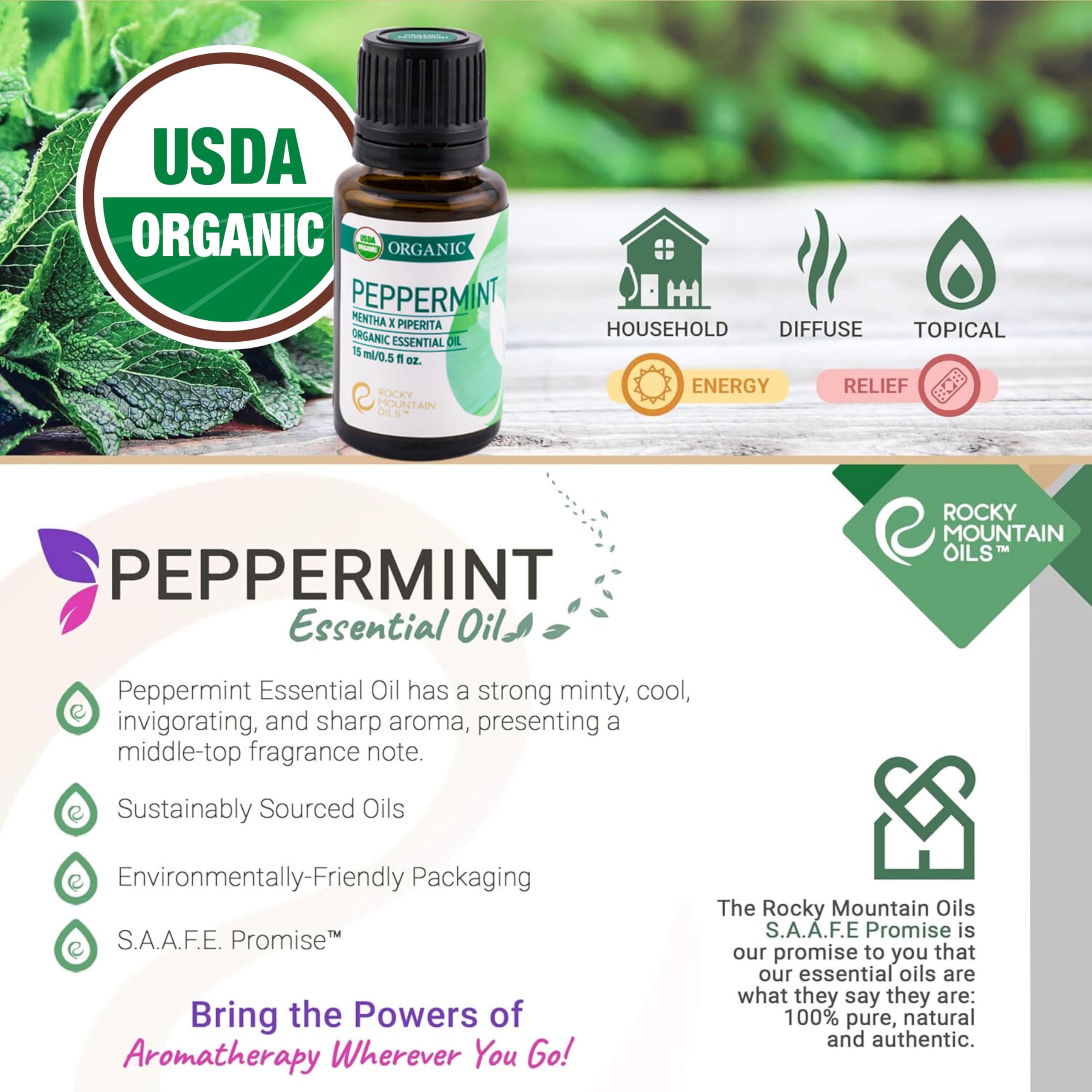 Rocky Mountain Oils aromatherapy ritual highlighting peppermint aroma uplift.