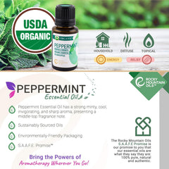 Rocky Mountain Oils aromatherapy ritual highlighting peppermint aroma uplift.