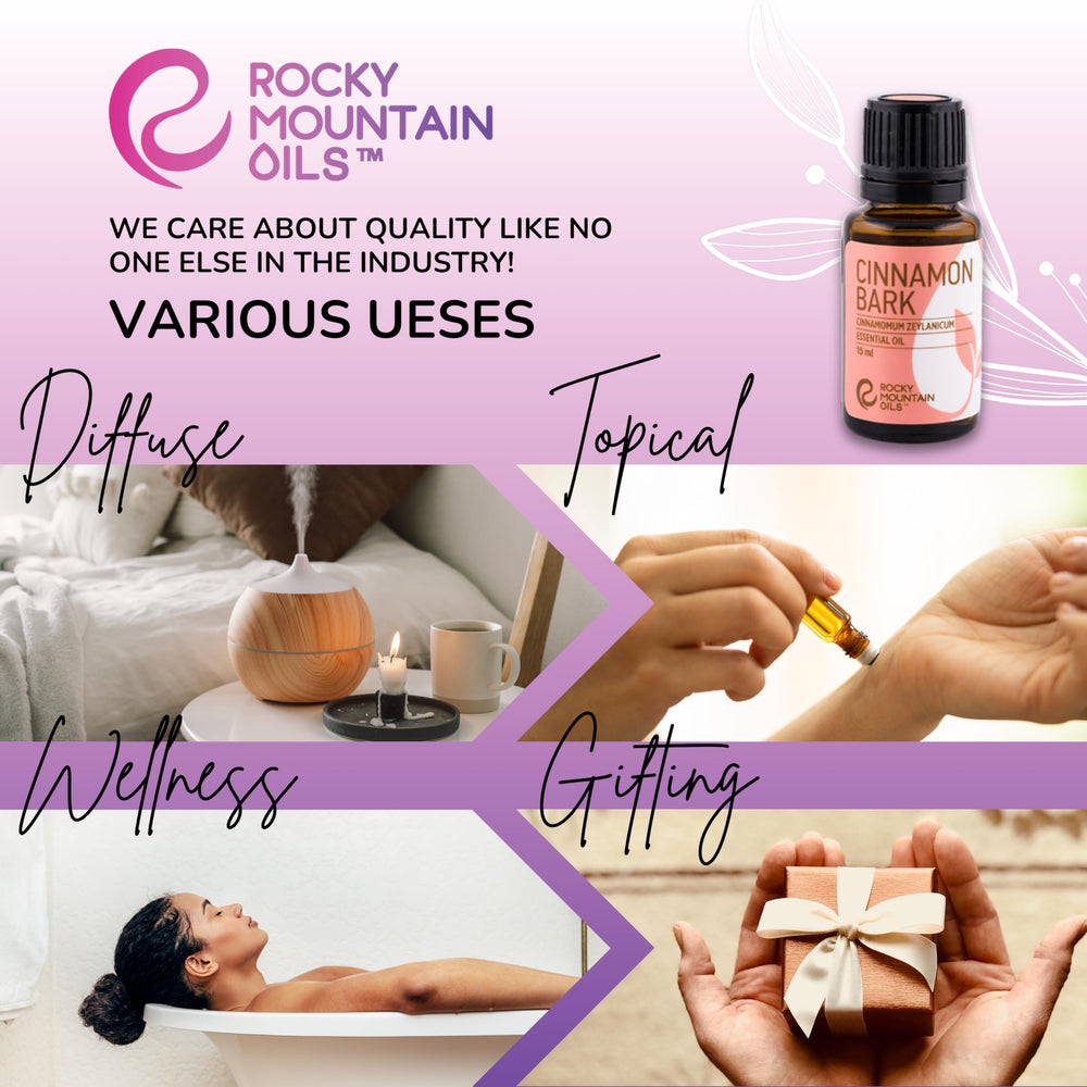Rocky Mountain Oils Cinnamon Bark bottle shown with dropper for precise use.