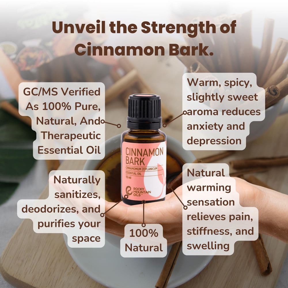 Rocky Mountain Oils Cinnamon Bark for topically diluted massage oil, warming muscles.