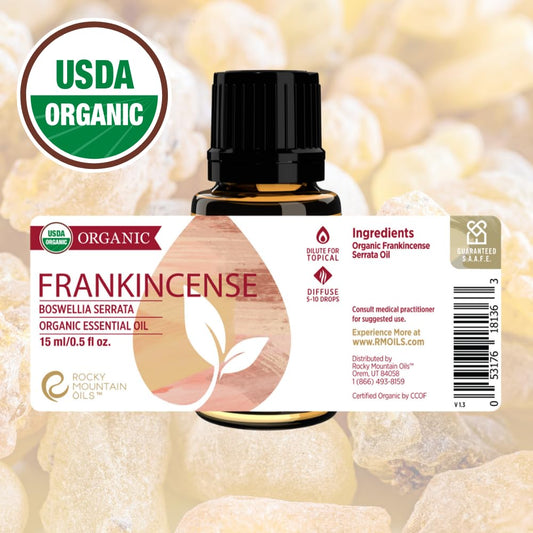 Rocky Mountain Oils frankincense bottle with dropper for easy dispensing