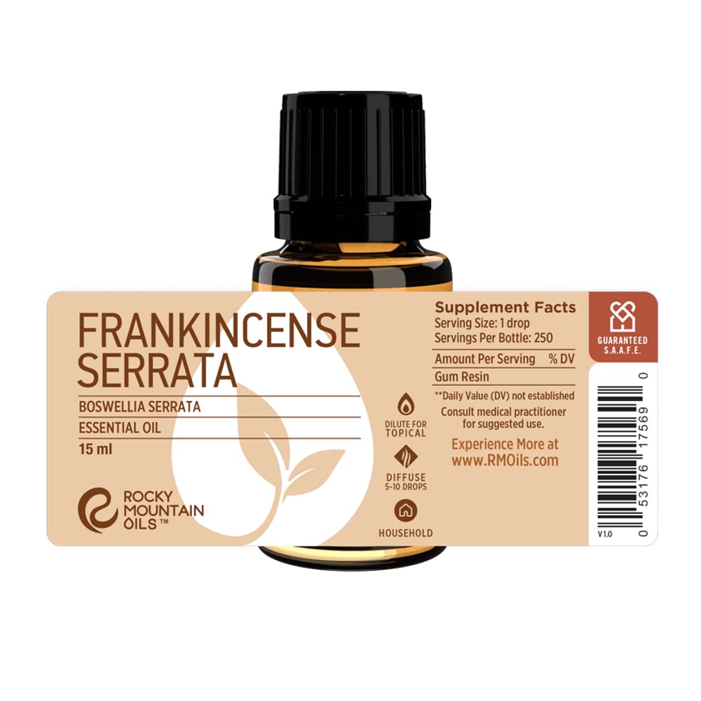 Label close-up of Rocky Mountain Oils Frankincense Serrata showing purity