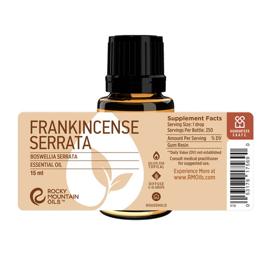 Label close-up of Rocky Mountain Oils Frankincense Serrata showing purity