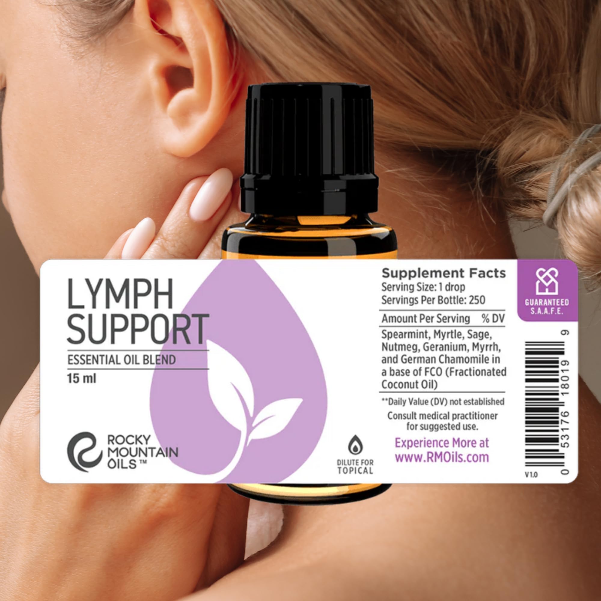 Rocky Mountain Oils Lymph Support bottle side—smooth coconut oil base.
