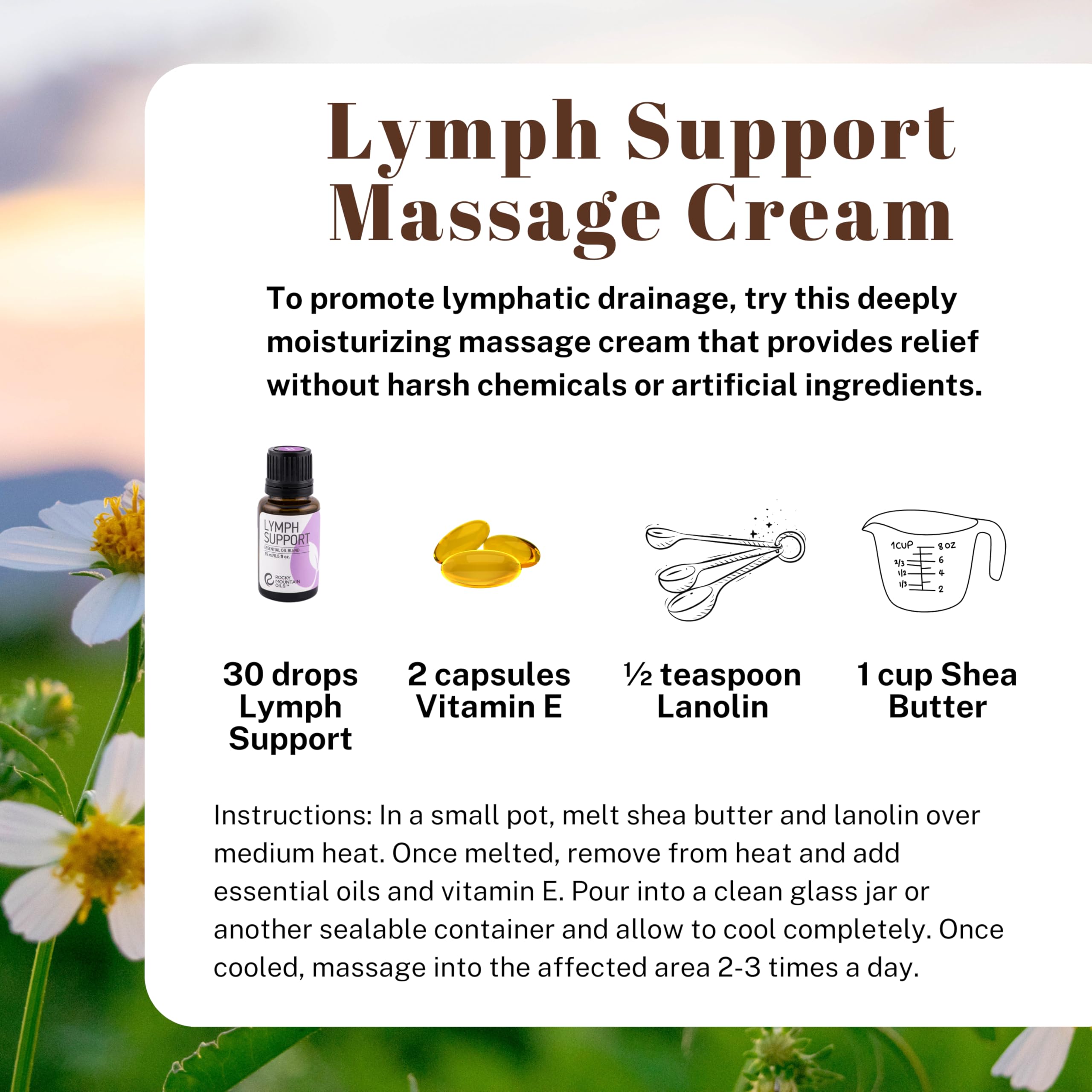 Rocky Mountain Oils Lymph Support ingredients closeup—Myrtle, Sage, Nutmeg, Chamomile.