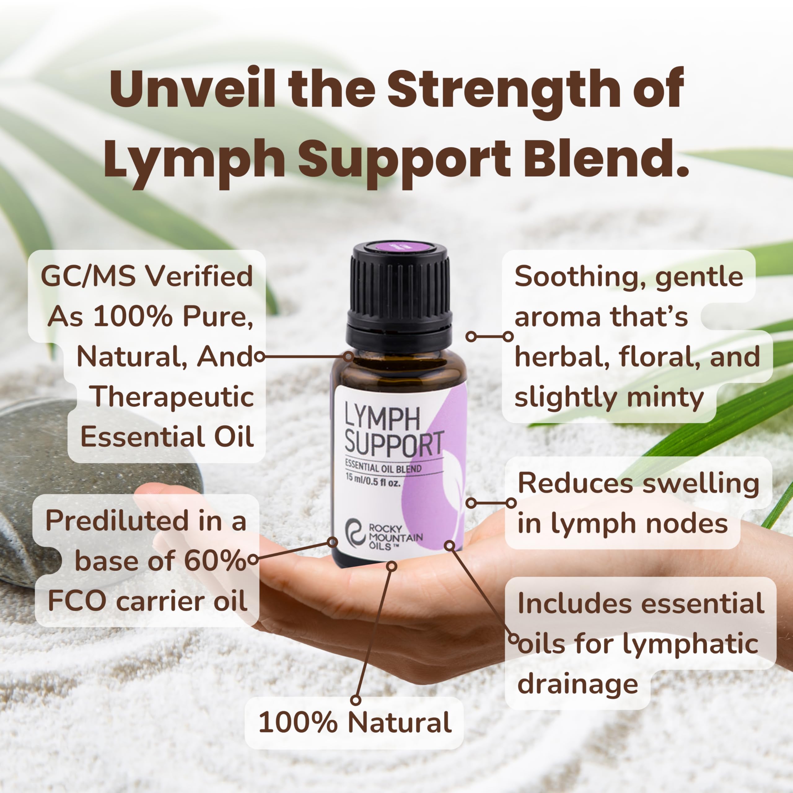 Rocky Mountain Oils Lymph Support label closeup—ingredients and lymph care claim.
