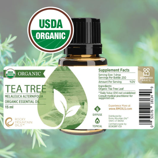 Rocky Mountain Oils Tea Tree Oil dropper ready for precise application and diffusion.