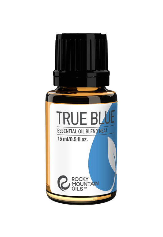 Rocky Mountain Oils True Blue diffuser bottle for uplifting home aroma