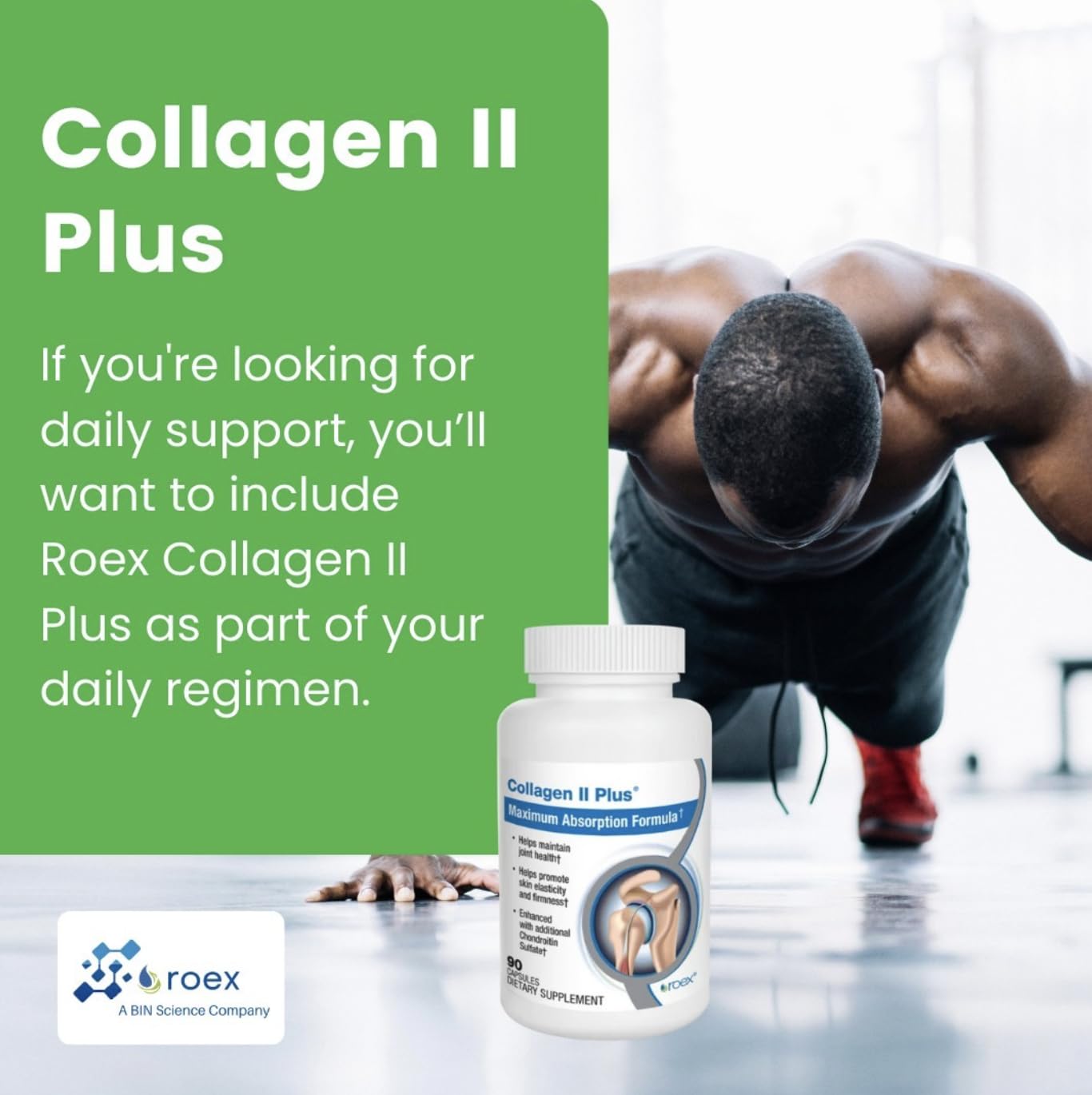 Roex Collagen II Plus packaging emphasizing organic, plant-based capsules.