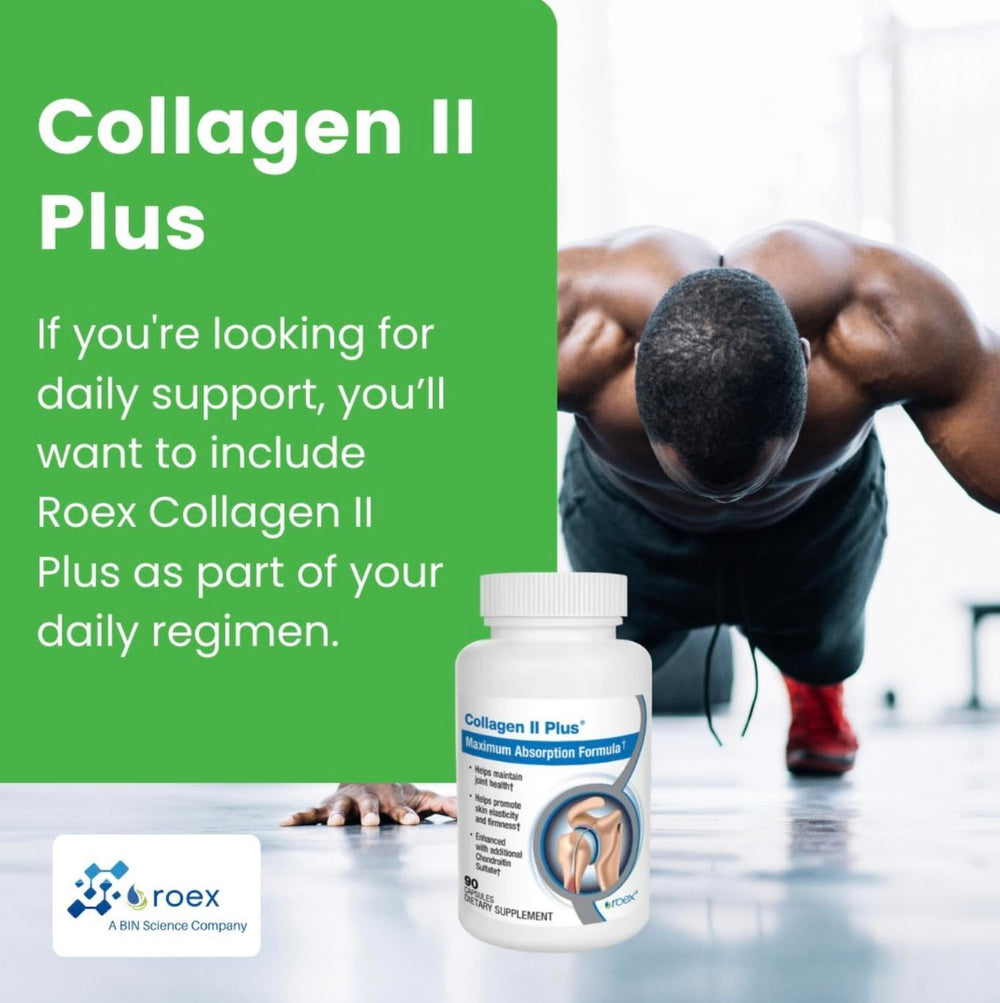 Roex Collagen II Plus packaging emphasizing organic, plant-based capsules.