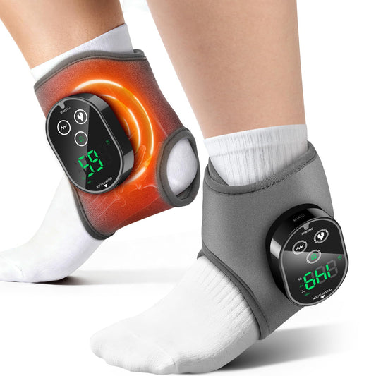 ROHVEMJ two-pack ankle wraps on feet provide dual warmth and massage.