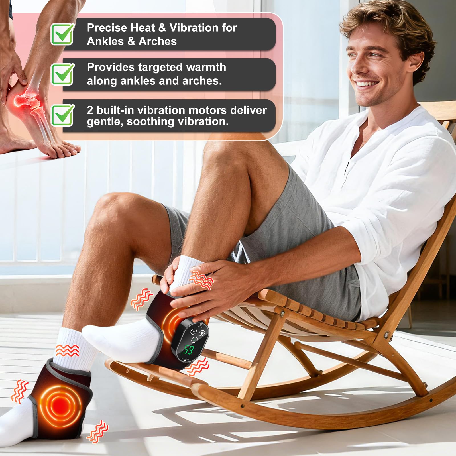 ROHVEMJ ankle wrap showing 3 massage modes for relaxation