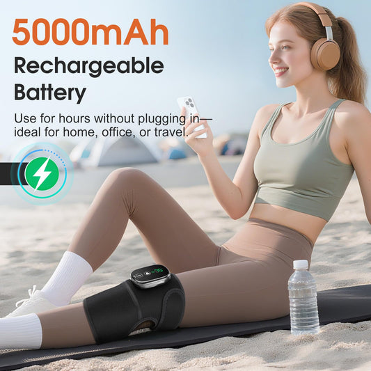ROHVEMJ knee massager demonstrates three modes for heat, vibration, or both