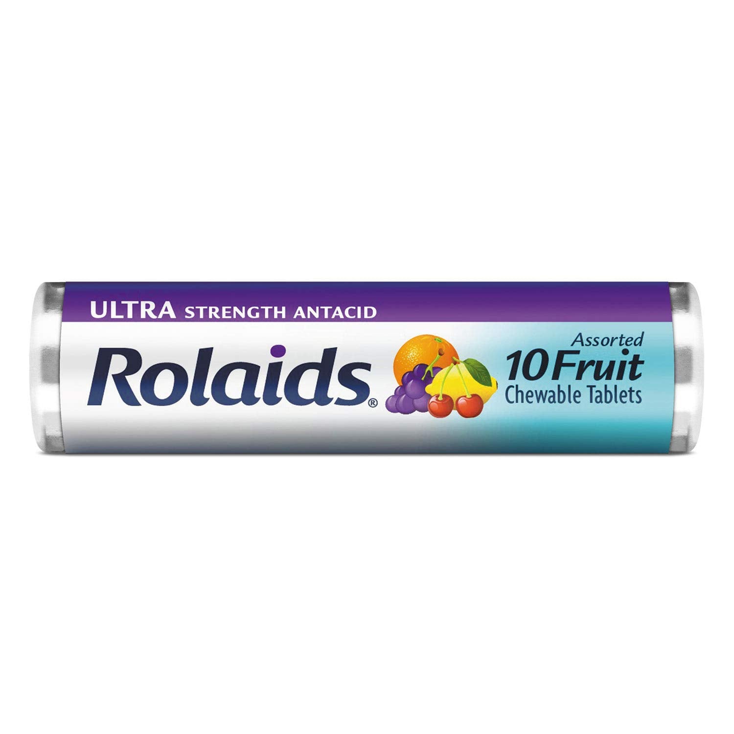 Rolaids Ultra Strength chewable assorted fruit tablets for quick on-the-go relief.