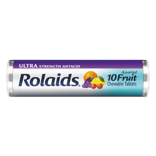 Rolaids Ultra Strength chewable assorted fruit tablets for quick on-the-go relief.