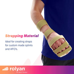 Rolyan neoprene strap highlights non-latex material for sensitive skin.