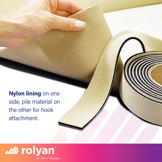 Rolyan beige strap showing hook-receptive surface for secure fastening.
